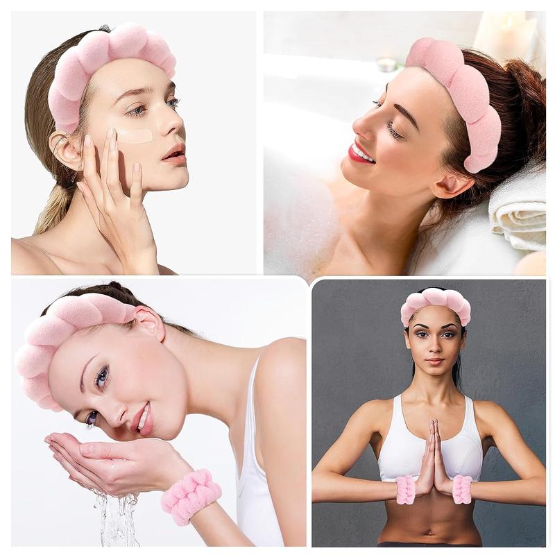 Spa Headband for Washing Face Wristband Set Sponge Makeup SkincareSpa Headband for Washing Face Wristband Set Sponge Makeup Skincare, Bubble Soft Get Ready Hairband for Women Girl Puffy Padded Headwear Non Slip for Thick Hair