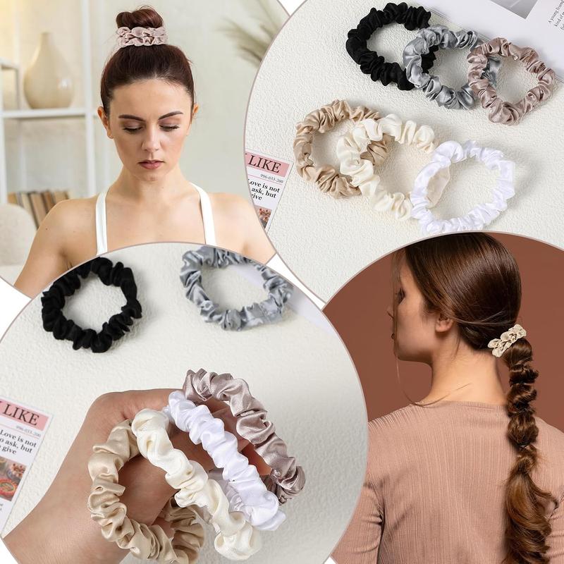 Satin Scrunchies and Silk Hair Ties Set - 6 count Soft, Non-Slip Ponytail Holders for Thin Curly Hair, including Thin Satin Scrunchies & Silk Skinny Scrunchies