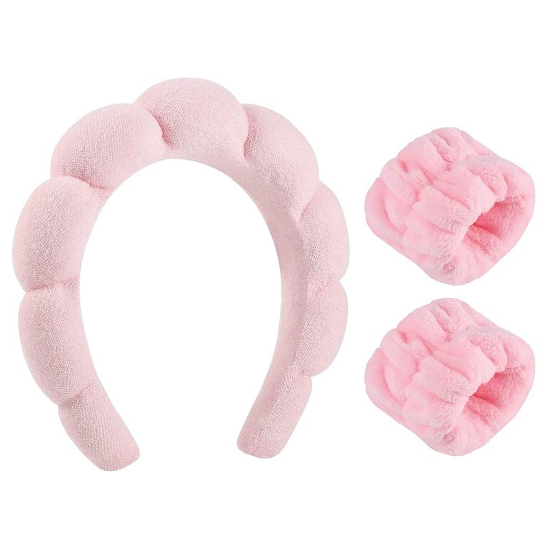 Spa Headband for Washing Face Wristband Set Sponge Makeup SkincareSpa Headband for Washing Face Wristband Set Sponge Makeup Skincare, Bubble Soft Get Ready Hairband for Women Girl Puffy Padded Headwear Non Slip for Thick Hair