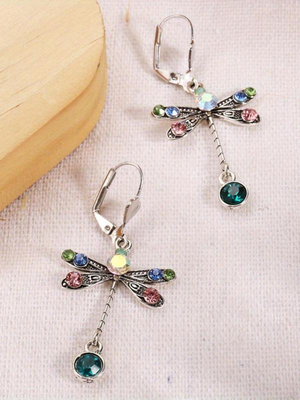 Fashion Dragonfly Design Dangle Earrings, Colorful Rhinestone Decorated Ear Jewelry for Women, Trendy All-match & Exquisite Jewelry for Birthday Gift