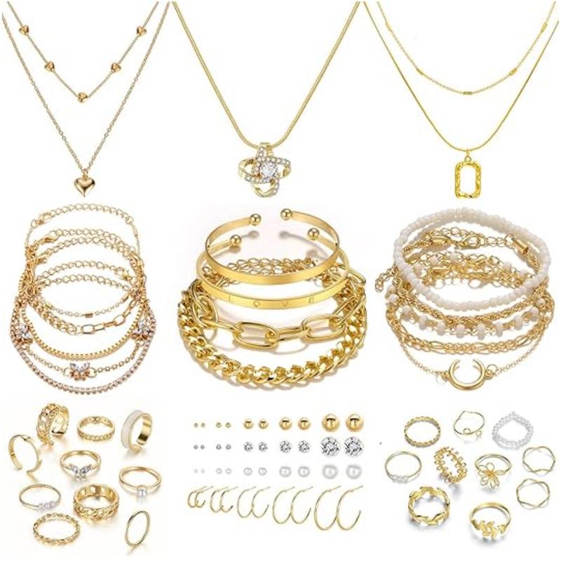 36 PCS Gold Jewelry Set with 4 PCS Necklace, 11 PCS Bracelet, 7 PCS Ear Cuffs Earring, 14 Pcs Knuckle Rings for Women Girls Valentine Anniversary Birthday Friendship Gift