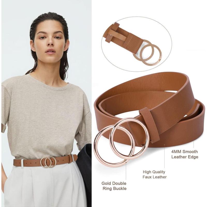 2 Pack Women Leather Belts Faux Leather Jeans Belt with Double O Ring Buckle