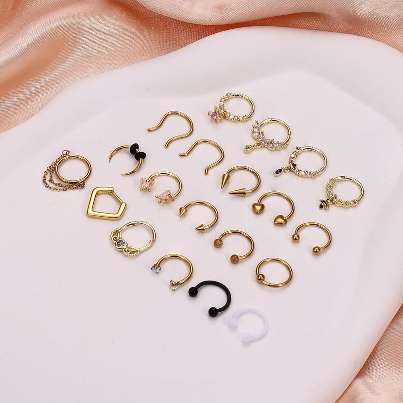 BESTEEL 20Pcs Gold Septum Rings 16G Small Septum Jewelry Surgical Steel Septum Clicker Dangle Nose Rings Hoops for Women Men Cute Star Bee CZ Heart Butterfly Chain Septum Rings Septum Piercing Jewelry