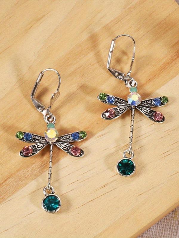 Fashion Dragonfly Design Dangle Earrings, Colorful Rhinestone Decorated Ear Jewelry for Women, Trendy All-match & Exquisite Jewelry for Birthday Gift