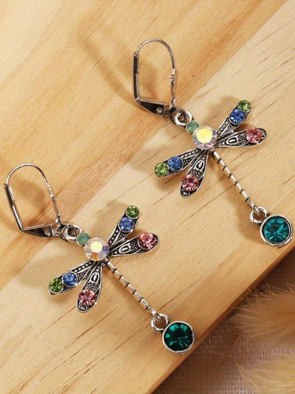 Fashion Dragonfly Design Dangle Earrings, Colorful Rhinestone Decorated Ear Jewelry for Women, Trendy All-match & Exquisite Jewelry for Birthday Gift