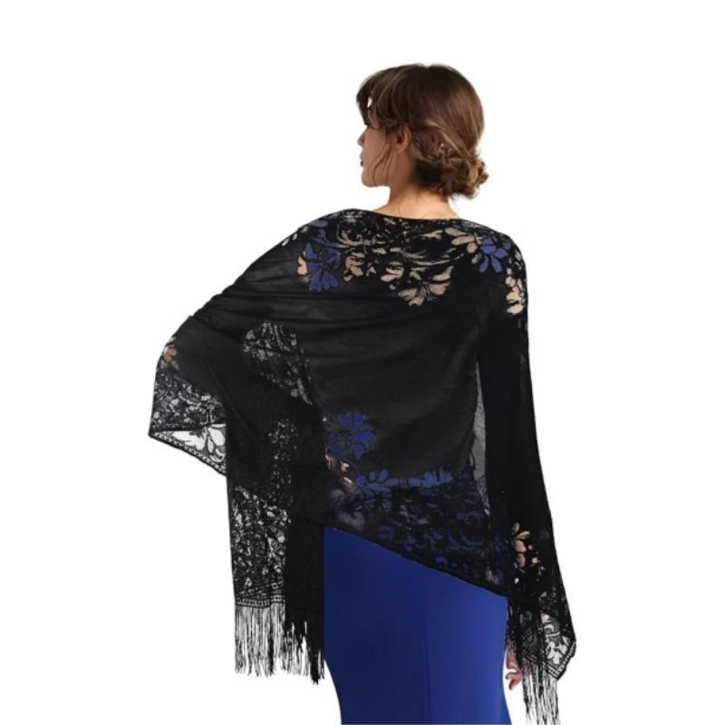 Women's Floral Lace Scarf Shawl with Tassels, Soft Mesh Fringe Wraps for Wedding Evening Party Dresses