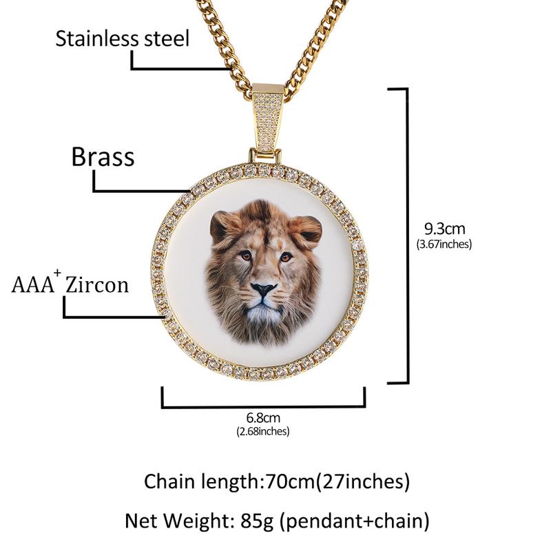 ICE WATER Personalized XL large Custom Memory Round Colorful Photo Pendant Necklace Simple zirconia Neck Chain Jewelry