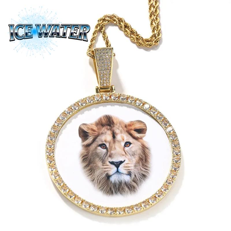 ICE WATER Personalized XL large Custom Memory Round Colorful Photo Pendant Necklace Simple zirconia Neck Chain Jewelry