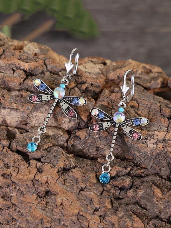 Fashion Dragonfly Design Dangle Earrings, Colorful Rhinestone Decorated Ear Jewelry for Women, Trendy All-match & Exquisite Jewelry for Birthday Gift