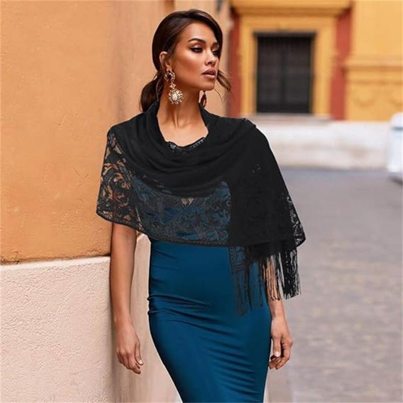 Women's Floral Lace Scarf Shawl with Tassels, Soft Mesh Fringe Wraps for Wedding Evening Party Dresses