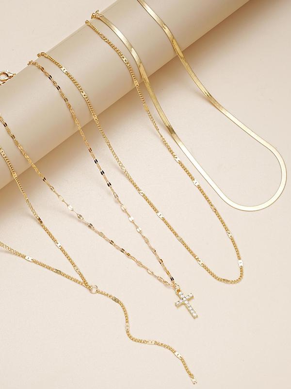 Minimalist Elegant Plain Color Cross Charm Decor Pendant Necklace & Tassel Design Rhinestone Inlaid Necklace, 4 Counts Temperament Necklaces, Fashion Jewelry for Party, Daily Clothing Decor