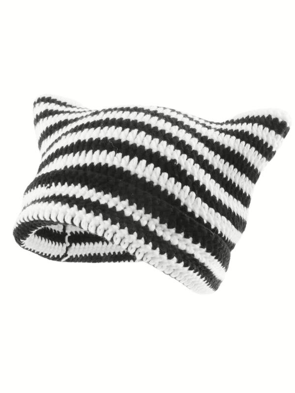 Striped Cat Ear Hat, Warm Beanie Hat for Women & Men, Fall Pullover Hat for Outdoors, Fashion Accessories for Fall & Winter Back To School, Fall Outfits, Fall Freshness Fall Clothing Women, 80s