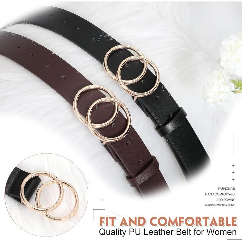 2 Pack Women Leather Belts Faux Leather Jeans Belt with Double O Ring Buckle