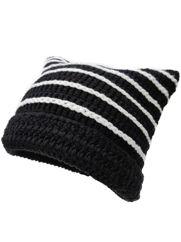 Striped Cat Ear Hat, Warm Beanie Hat for Women & Men, Fall Pullover Hat for Outdoors, Fashion Accessories for Fall & Winter Back To School, Fall Outfits, Fall Freshness Fall Clothing Women, 80s