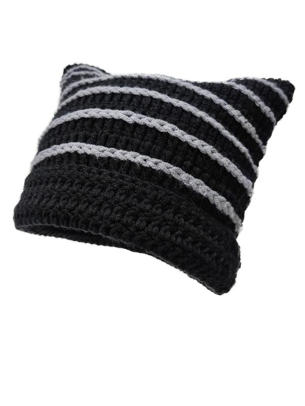 Striped Cat Ear Hat, Warm Beanie Hat for Women & Men, Fall Pullover Hat for Outdoors, Fashion Accessories for Fall & Winter Back To School, Fall Outfits, Fall Freshness Fall Clothing Women, 80s