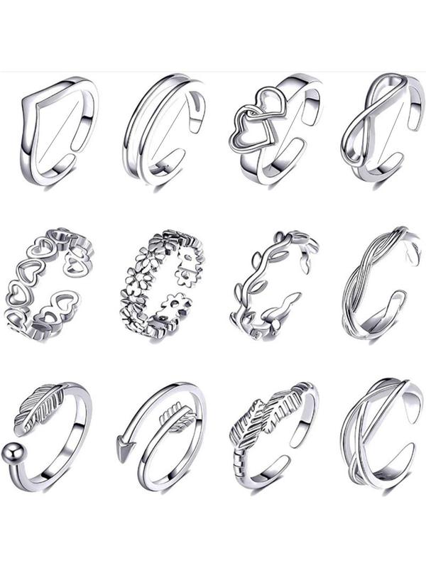 Women's Hollow Out Flower & Heart & Leaf Design Open Toe Ring Set, Fashion Adjustable Ring for Women & Girls, Trendy All-match & Exquisite Jewelry for Birthday Gift