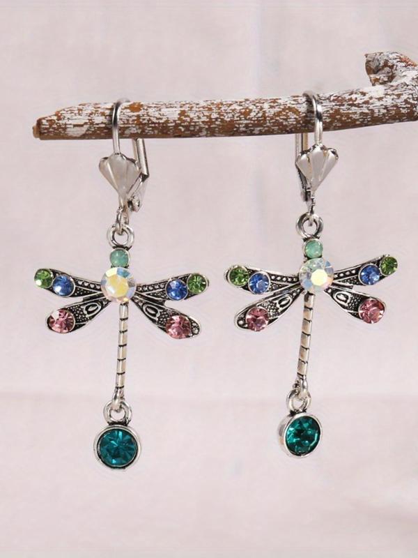 Fashion Dragonfly Design Dangle Earrings, Colorful Rhinestone Decorated Ear Jewelry for Women, Trendy All-match & Exquisite Jewelry for Birthday Gift