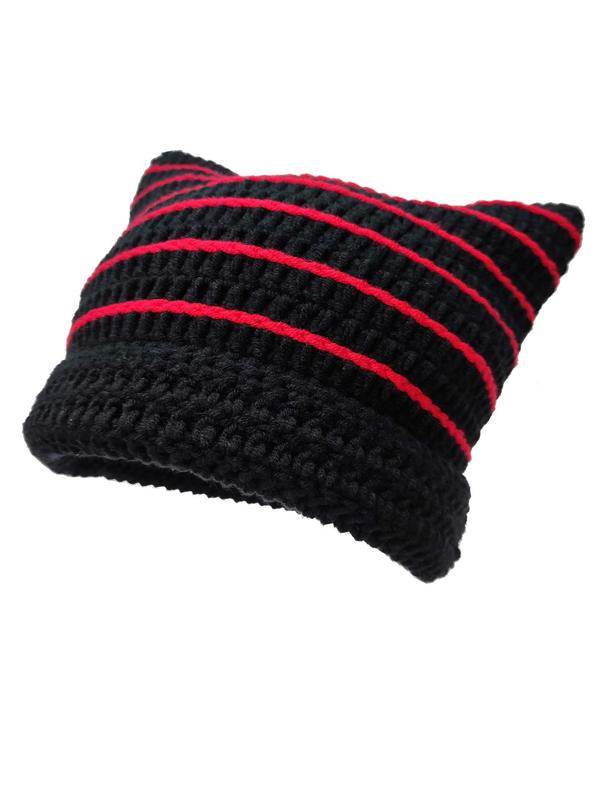 Striped Cat Ear Hat, Warm Beanie Hat for Women & Men, Fall Pullover Hat for Outdoors, Fashion Accessories for Fall & Winter Back To School, Fall Outfits, Fall Freshness Fall Clothing Women, 80s