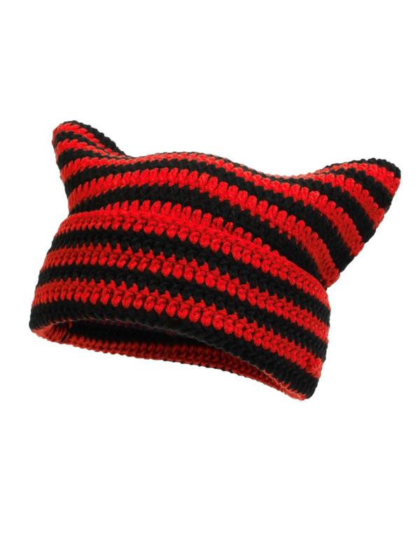 Striped Cat Ear Hat, Warm Beanie Hat for Women & Men, Fall Pullover Hat for Outdoors, Fashion Accessories for Fall & Winter Back To School, Fall Outfits, Fall Freshness Fall Clothing Women, 80s