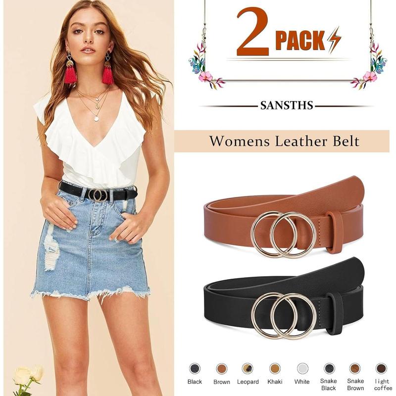 2 Pack Women Leather Belts Faux Leather Jeans Belt with Double O Ring Buckle