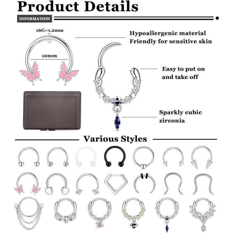 BESTEEL 20Pcs Gold Septum Rings 16G Small Septum Jewelry Surgical Steel Septum Clicker Dangle Nose Rings Hoops for Women Men Cute Star Bee CZ Heart Butterfly Chain Septum Rings Septum Piercing Jewelry