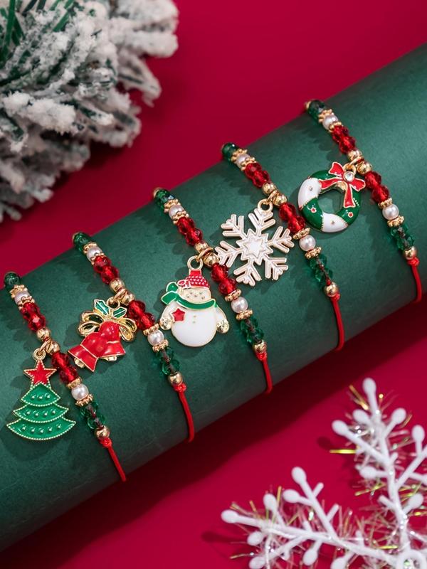 Cute Christmas Themed Beaded Bracelets, Snowman & Snowflake & Christmas Tree Charm Beaded Bracelets, Fashion Accessories for Women & Girls