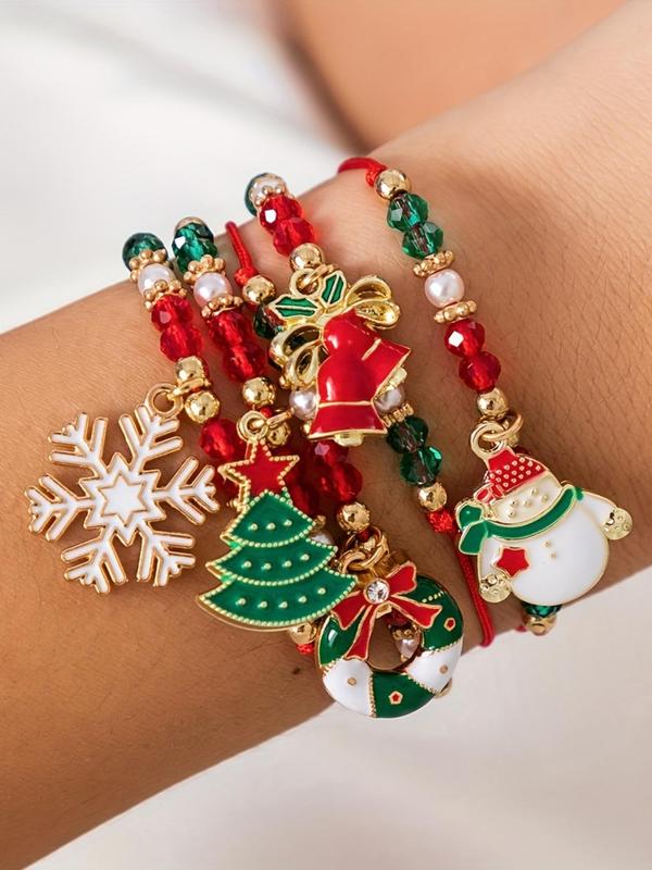 Cute Christmas Themed Beaded Bracelets, Snowman & Snowflake & Christmas Tree Charm Beaded Bracelets, Fashion Accessories for Women & Girls