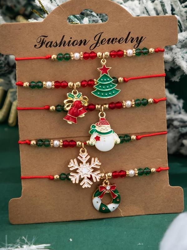 Cute Christmas Themed Beaded Bracelets, Snowman & Snowflake & Christmas Tree Charm Beaded Bracelets, Fashion Accessories for Women & Girls