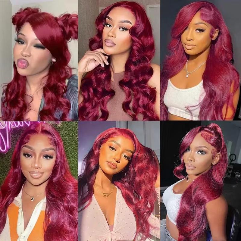 Bling Hair Fashion 99J Red Lace Front Wig Pre-Plucked with 13x6 HD Transparent Lace Frontal Real Human Hair Wigs Body Wave wigs for Women 180% Density and Mesmerizing 99J Colored Real Hair Lace Front Wigs Burgundy