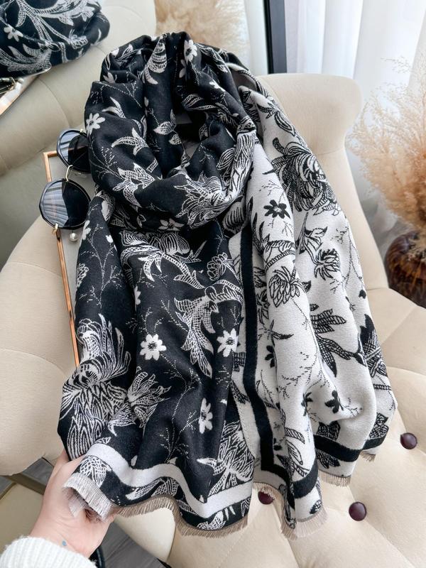 Floral Print Fringe Trim Double Side Shawl, Casual Soft Warm Scarf for Fall & Winter, Fashion Accessories for Women & Men