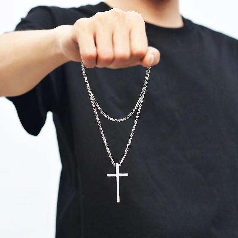 Cross Necklace for Men, Silver Tone Gold Plated Black Mens Cross Necklaces with 3.5mm Cross Chain and Stainless Steel Cross Pendant, Cuban Chain 16-28 Inch