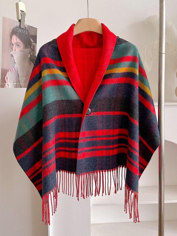 Women's Elegant Plaid Pattern Tassel Decor Shawl, Vintage Style Double Sided Design Cloak Cape Shawl, Fashion Accessories for Fall & Winter