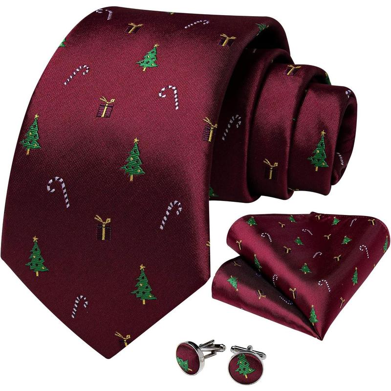 Mens Christmas Tie Silk Festive Ties and Pocket Square Cufflinks Set with Gift Box Xmas Holiday Vacation Neckties