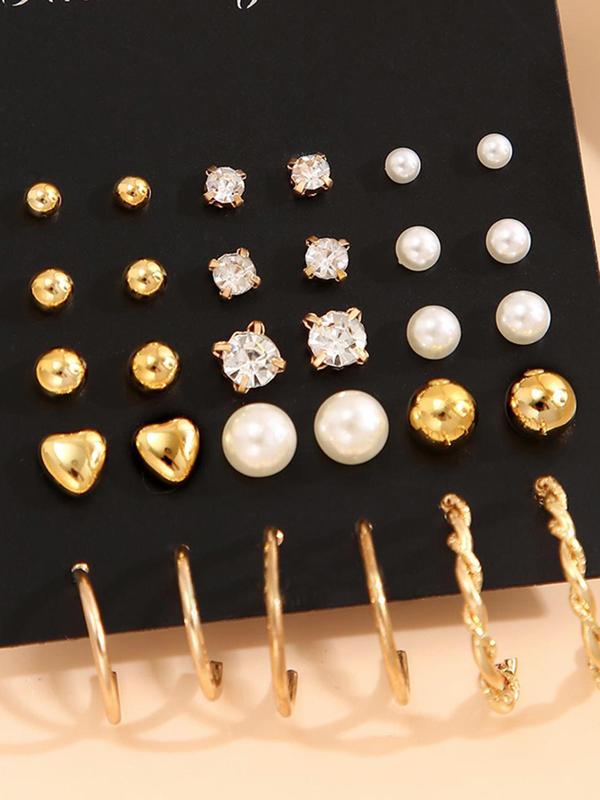 15 Pairs Simple Geometric Heart Faux Pearl Stud Earrings & Hoop Earrings, Casual and Versatile Jewelry Accessories for Women