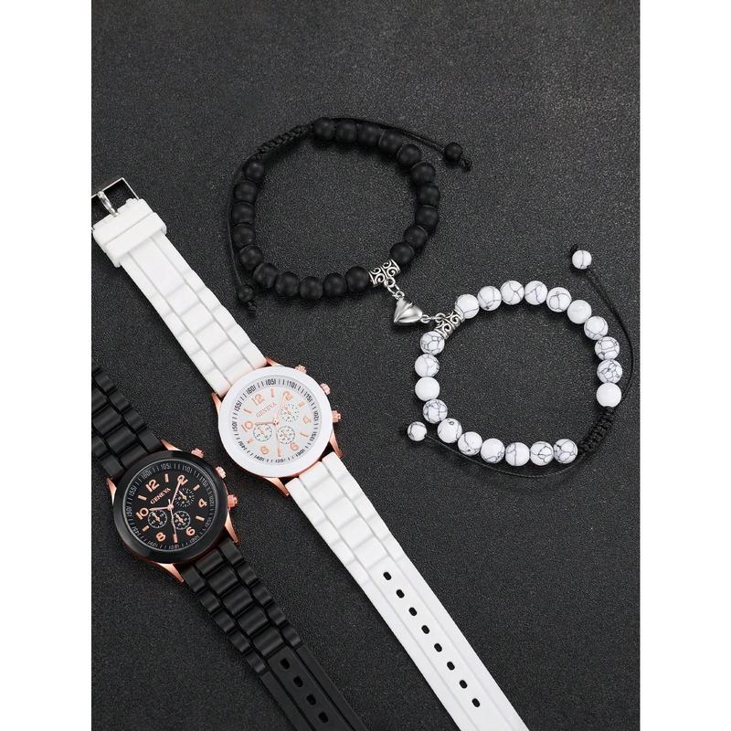 Fashion New Style 4pcs Set Couple's Fashionable and Concise Digitally Indexed Dial Quartz Wristwatch + Heart Shaped Beaded Bracelet Set As A Gift for Students Returning To School