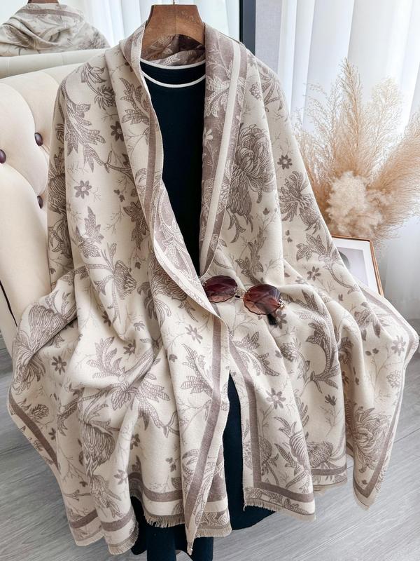 Floral Print Fringe Trim Double Side Shawl, Casual Soft Warm Scarf for Fall & Winter, Fashion Accessories for Women & Men