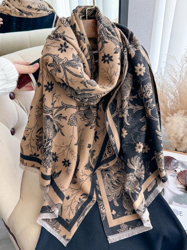 Floral Print Fringe Trim Double Side Shawl, Casual Soft Warm Scarf for Fall & Winter, Fashion Accessories for Women & Men