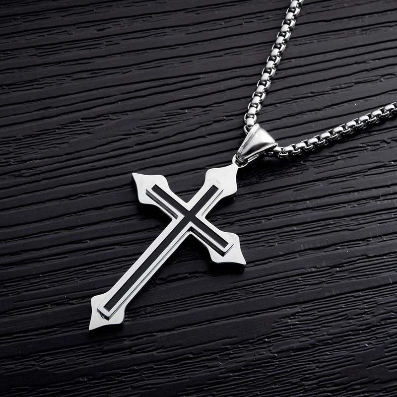 Cross Necklace for Men, Silver Tone Gold Plated Black Mens Cross Necklaces with 3.5mm Cross Chain and Stainless Steel Cross Pendant, Cuban Chain 16-28 Inch