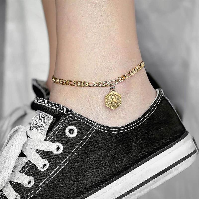 Hermah Hexagon Initial Letter Charm Figaro Anklet Bracelet Gold Color for Women - Gold Plated Foot Chain