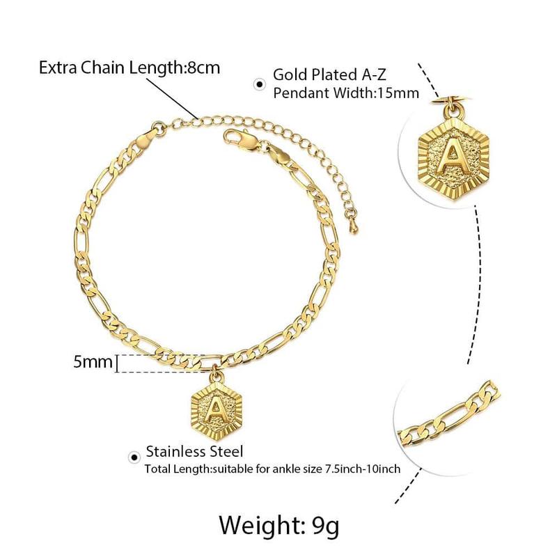 Hermah Hexagon Initial Letter Charm Figaro Anklet Bracelet Gold Color for Women - Gold Plated Foot Chain