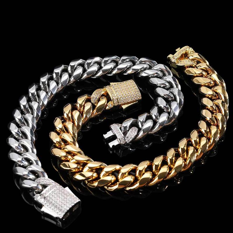 ORPHIC Stylish 316L Stainless Steel CZ  Cuban Chain Set, Stylish Men's Necklace Bracelet Set Hip Hop Men's Bracelet, Valentine's Day Boyfriend Gift, Gift Box