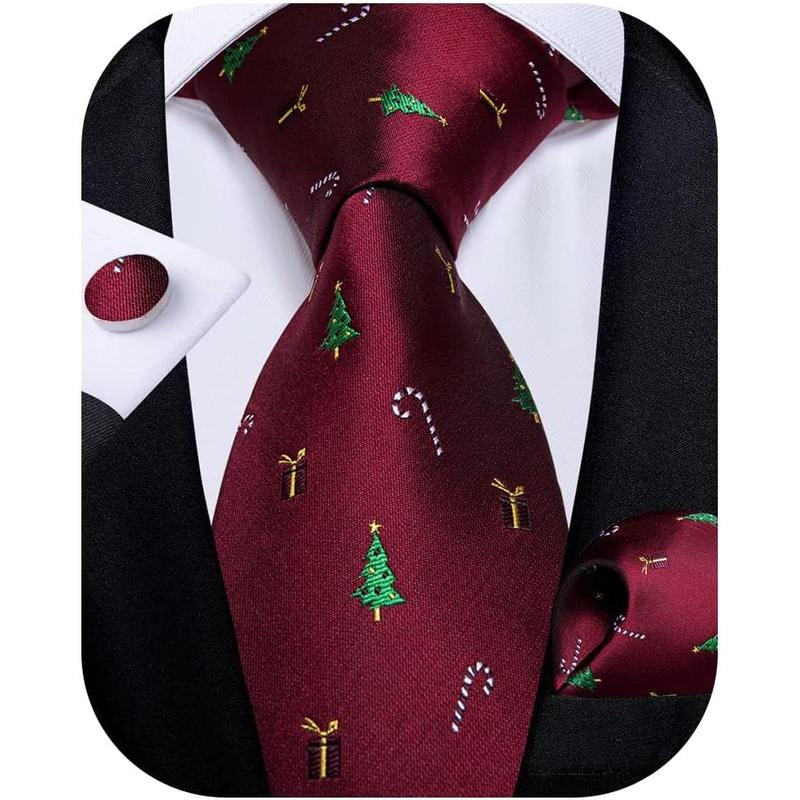 Mens Christmas Tie Silk Festive Ties and Pocket Square Cufflinks Set with Gift Box Xmas Holiday Vacation Neckties