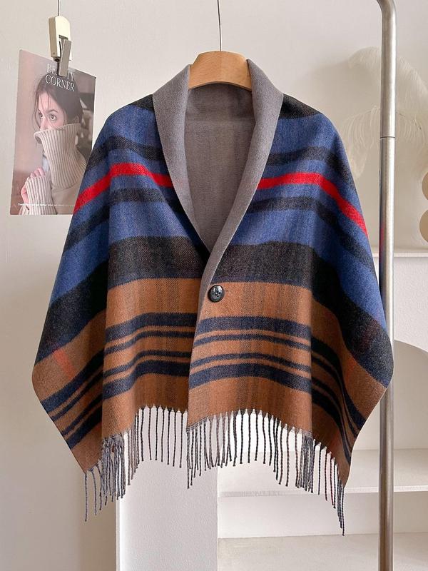 Women's Elegant Plaid Pattern Tassel Decor Shawl, Vintage Style Double Sided Design Cloak Cape Shawl, Fashion Accessories for Fall & Winter