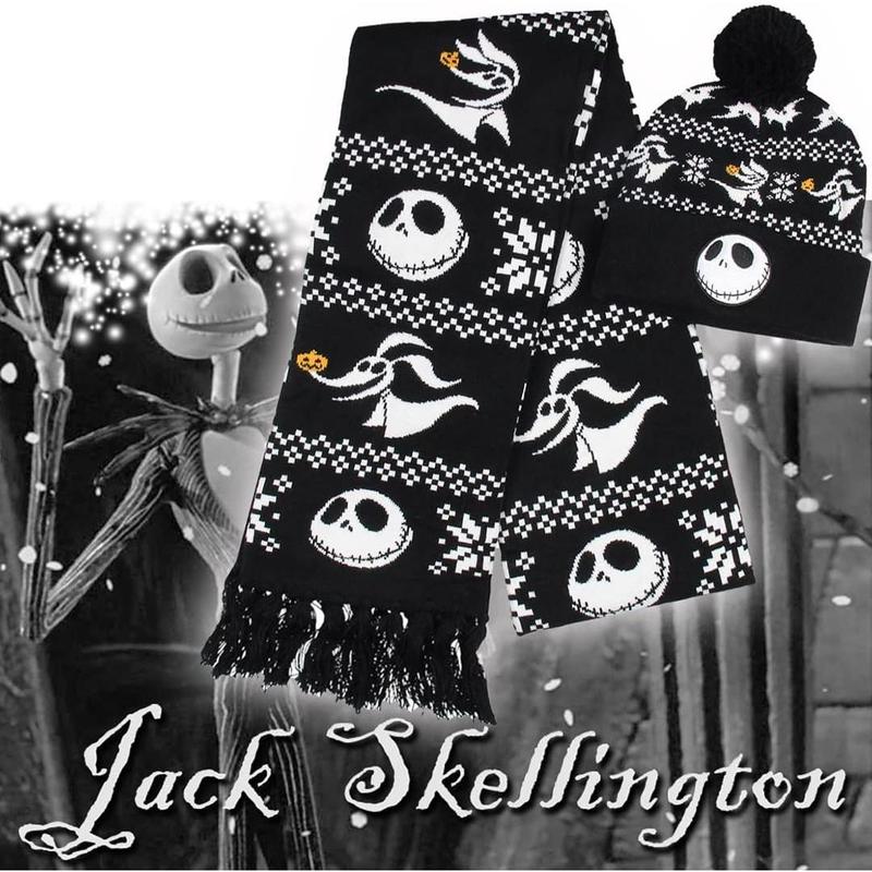 The Nightmare Before Christmas Jack Skellington and Zero Beanie Scarf Set Black