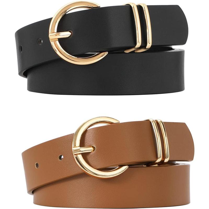 2 Pack Women's   Belts for Jeans Dresses Fashion Golden Colour Buckle Ladies Belt