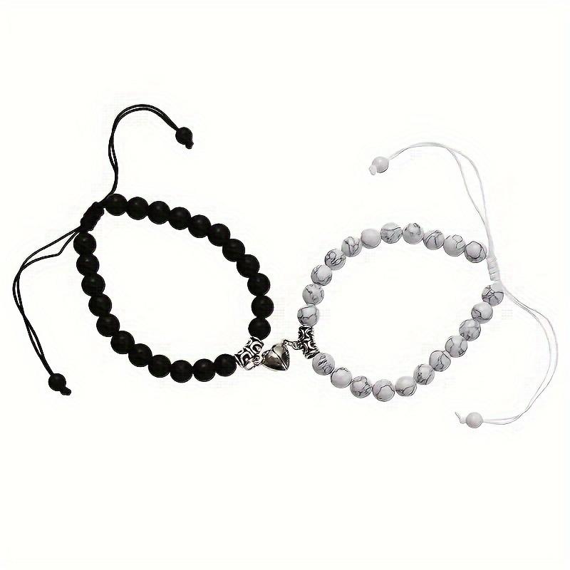 A Set of Four-Piece Set Black and White Lovers' Magnet Attraction Bracelet and Multi-Layer Necklace, Romantic Stone Beads Lucky Charm Bracelet, Perfect Gift for Best Friends Lovers lobster clasp