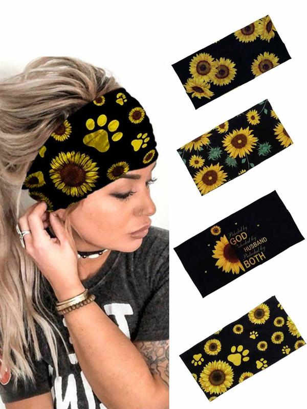 4pcs Sunflower Print Hair Band, Elastic Wide Hair Band for Women, Fashion Breathable Sporty Hair Accessories for Outdoor Activities, Summer Outfits 2024