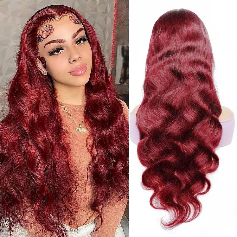 Bling Hair Fashion 99J Red Lace Front Wig Pre-Plucked with 13x6 HD Transparent Lace Frontal Real Human Hair Wigs Body Wave wigs for Women 180% Density and Mesmerizing 99J Colored Real Hair Lace Front Wigs Burgundy