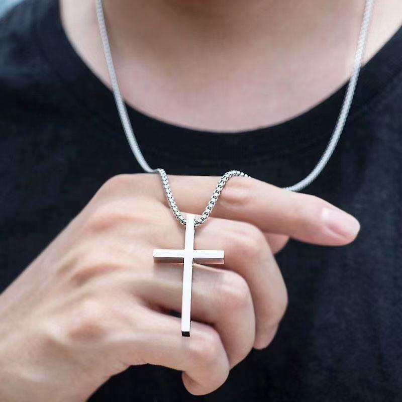 Cross Necklace for Men, Silver Tone Gold Plated Black Mens Cross Necklaces with 3.5mm Cross Chain and Stainless Steel Cross Pendant, Cuban Chain 16-28 Inch