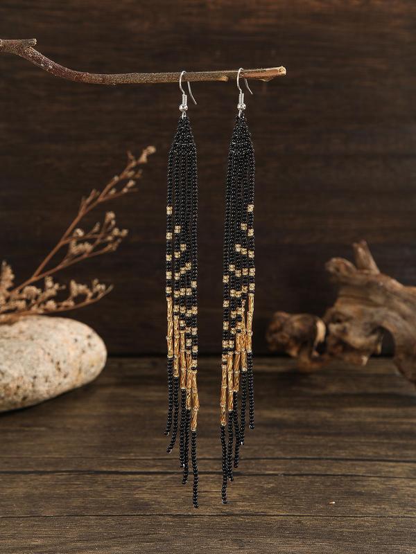 Boho Style Tassel Decor Dangle Earrings, Vintage Glass Beads Decor Dangle Earrings, Fashion Jewelry Accessories for Women